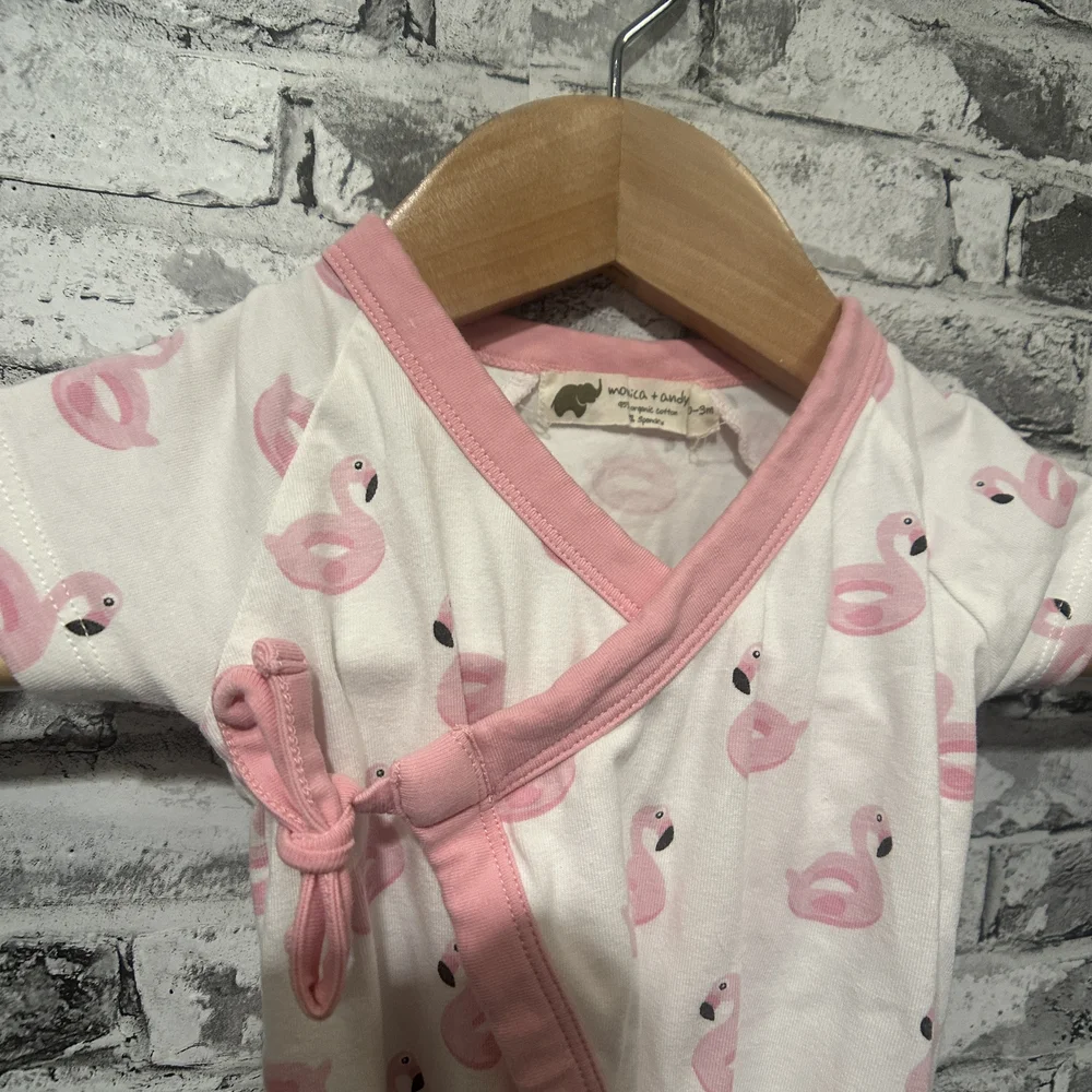 EUC Monica + Andy Pink and White Flamingo Baby Snap Up One Piece Size 0-3 Months